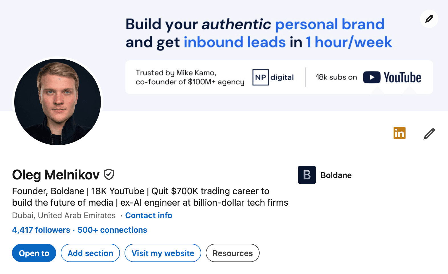 Oleg Melnikov's LinkedIn profile showing 4,417 followers