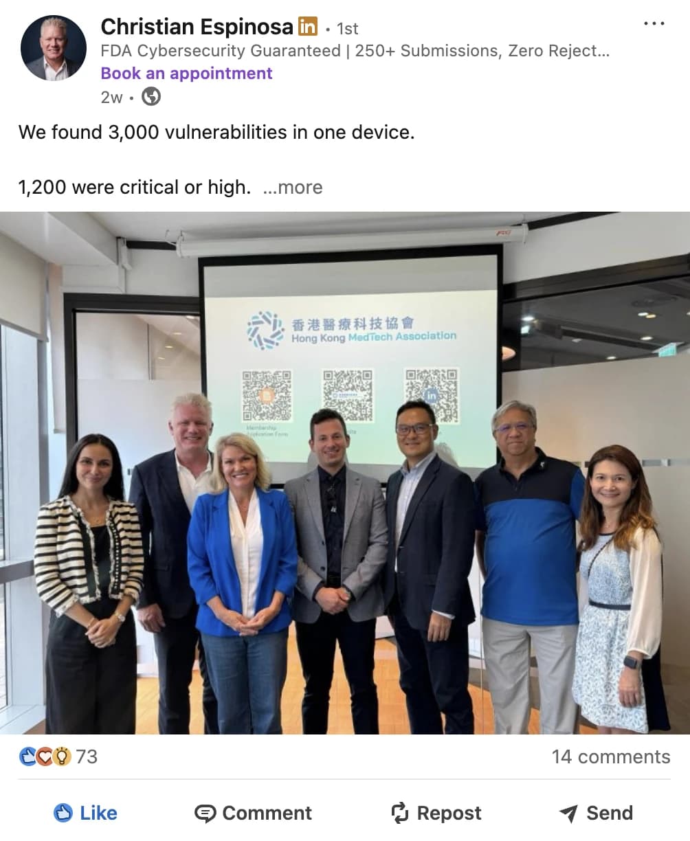LinkedIn post by Christian Espinosa, 73 reactions