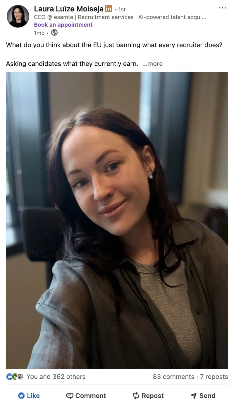 LinkedIn post by Laura Luīze Moiseja, 363 reactions